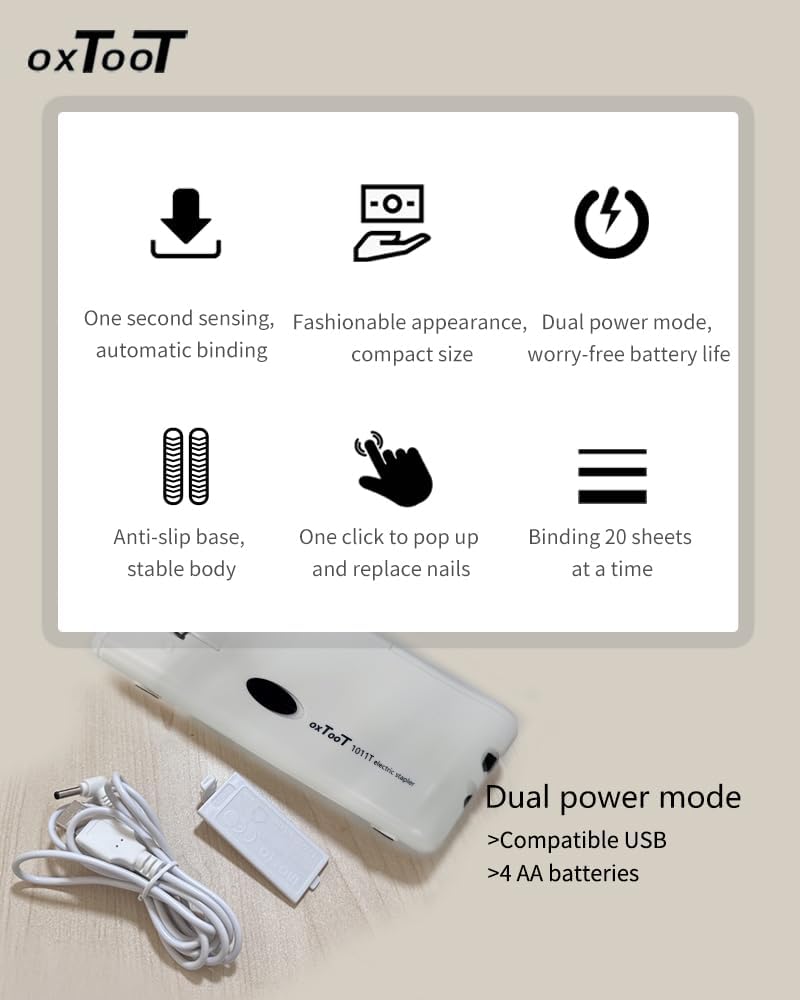 OXTOOT Electric Stapler with Intelligent Dual Power Supply Portable Office Supplies White, Suitable for No. 10 Staplers - Image 2